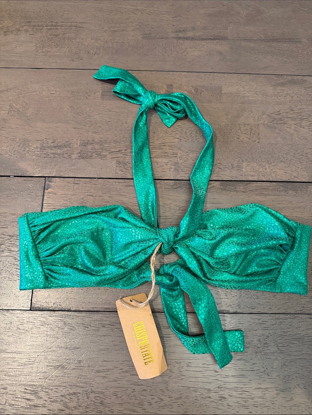 Shimmer Green Halter Bikini Top with Tie Back